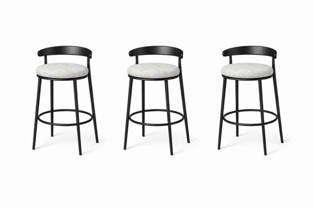 Set of 3 Black Metal Bar Stools with Grey Polyester Cushions