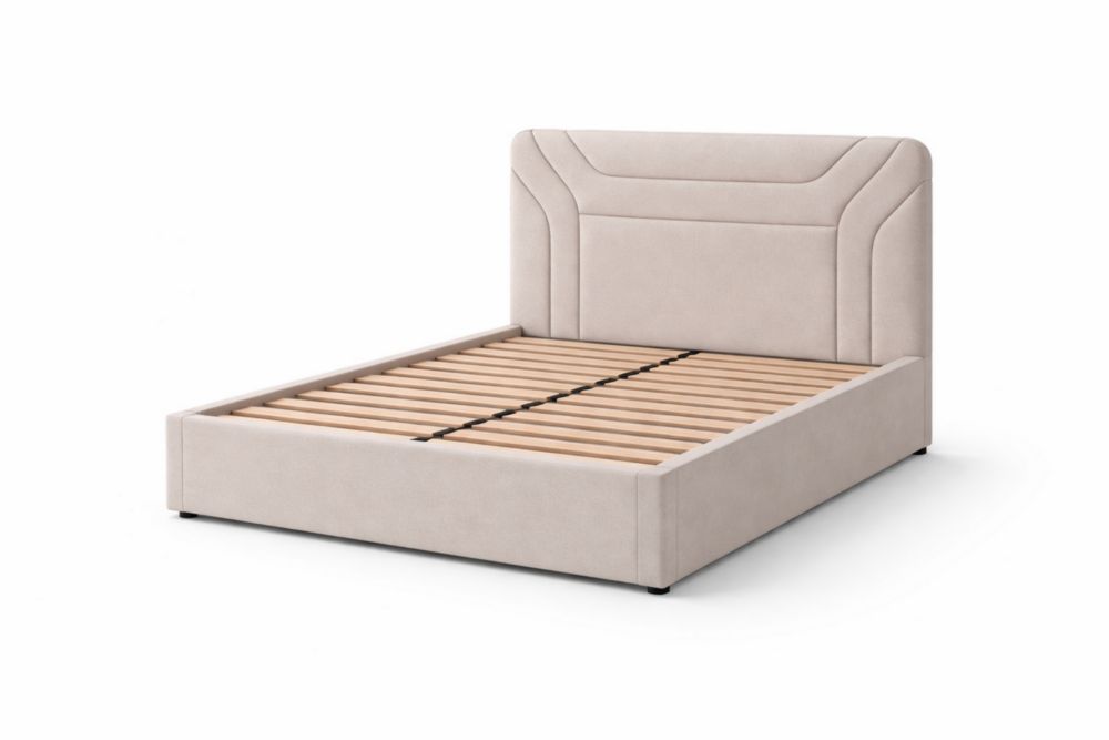 Beige Upholstered Bed Frame with High Headboard and Wooden Slats
