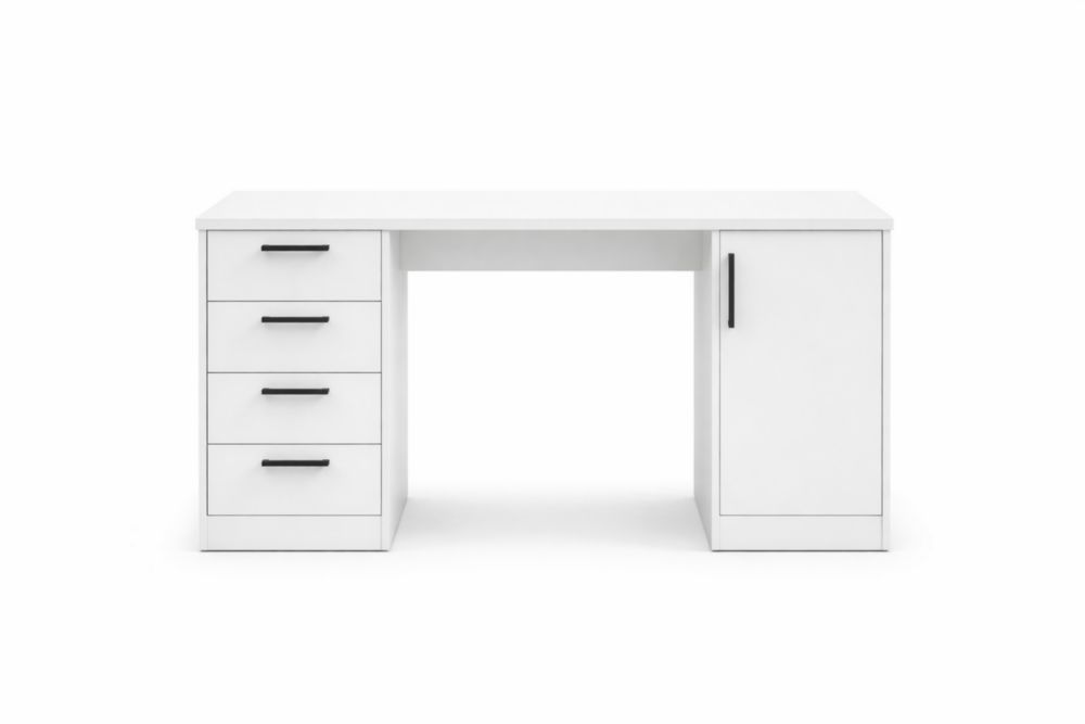 White MDF Desk with 4 Drawers and 1 Cabinet