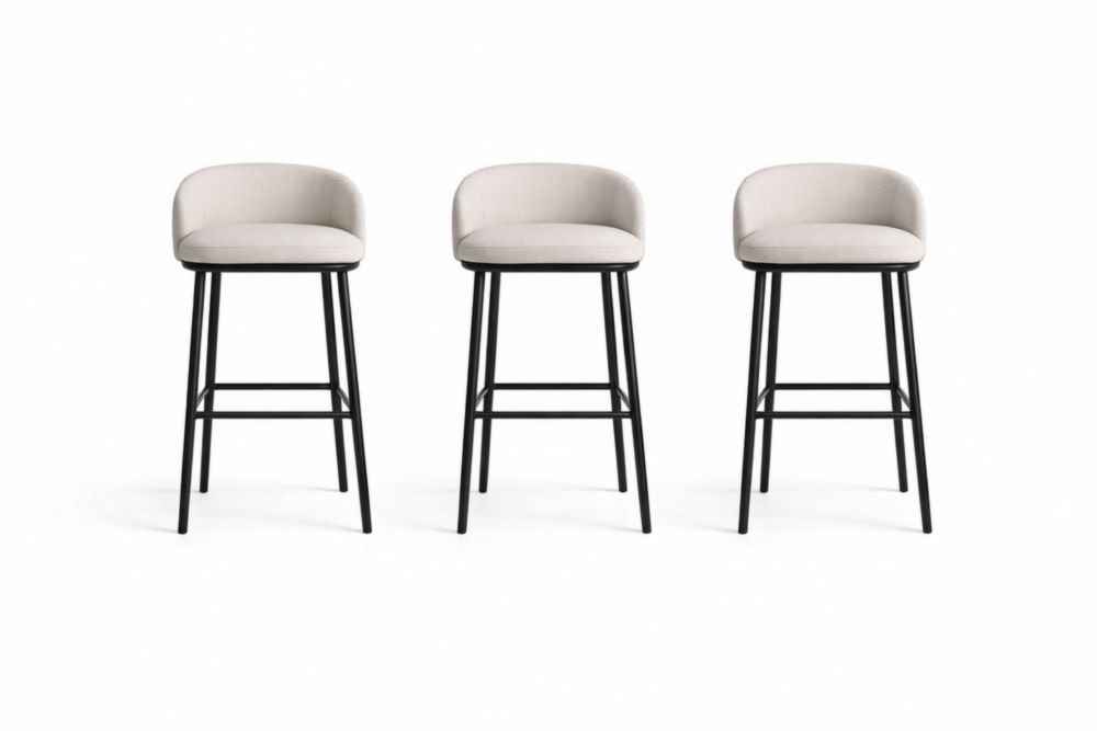 Set of 3 Beige Fabric Bar Stools with Black Metal Legs