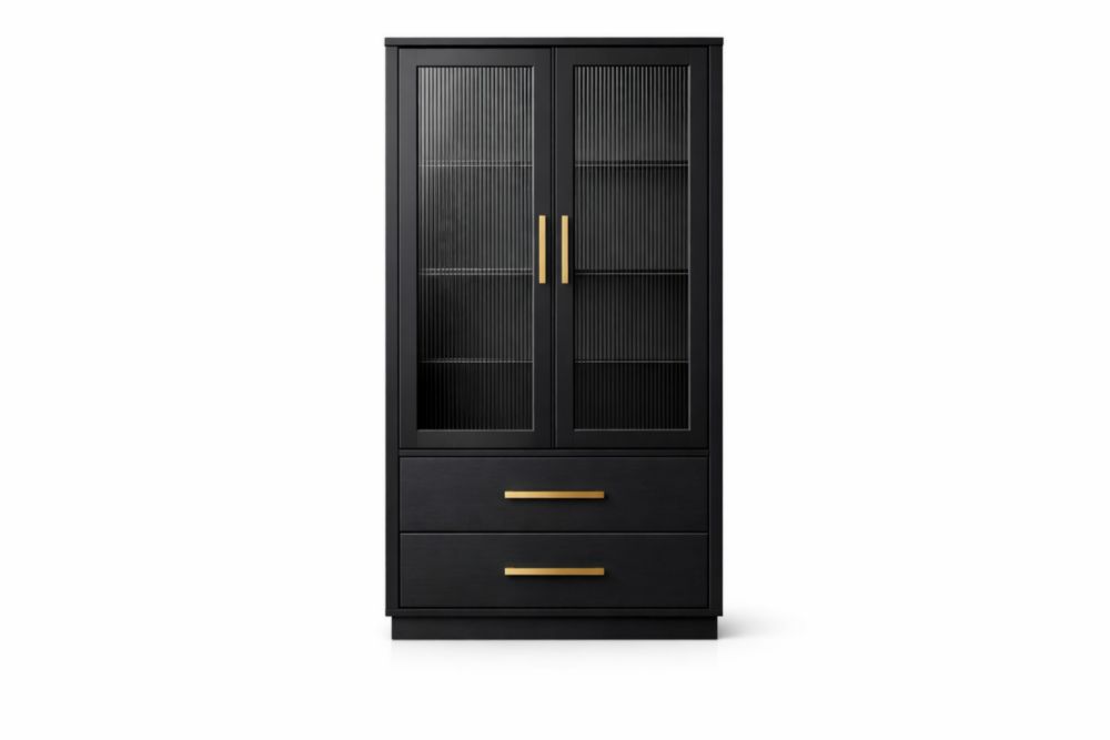 Black Wood Display Cabinet with Tempered Glass and Gold Handles