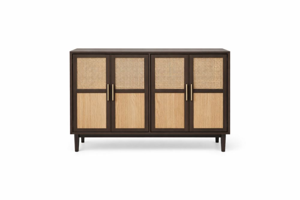 Dark Brown Wood Sideboard with Rattan Panel Doors 122cm