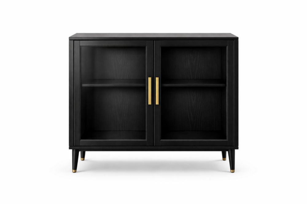 Black Wood Cabinet with Tempered Glass Doors and Metal Handles 80cm High