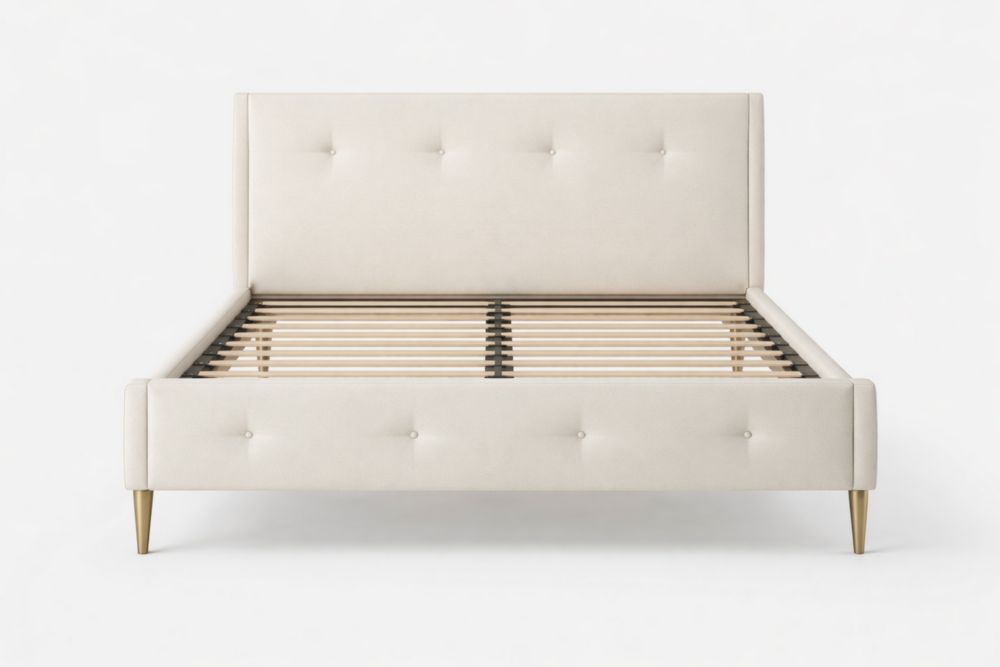 Beige upholstered bed frame with button tufted headboard