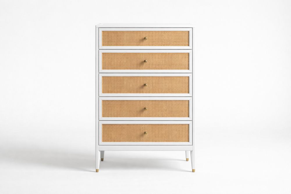 White and Natural Wood 5-Drawer Tall Dresser