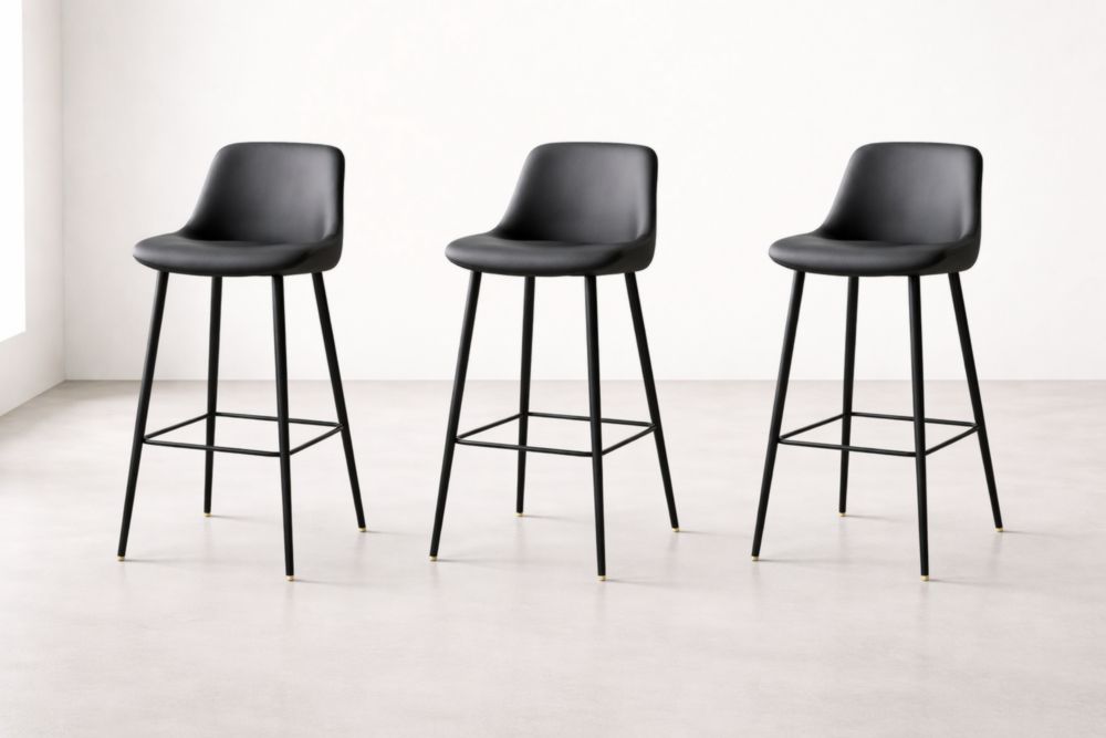 Set of 3 Black PU Leather Counter Stools with Metal Legs