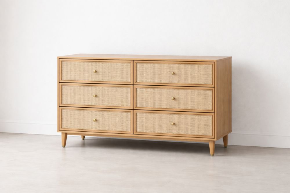 Wooden Dresser with Rattan Drawer Fronts and Brass Handles 120cm x 40cm x 80cm