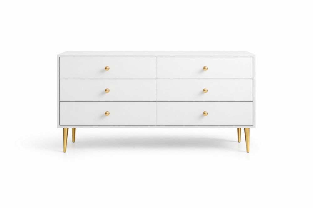 White MDF Dresser with Gold Metal Legs and Six Drawers