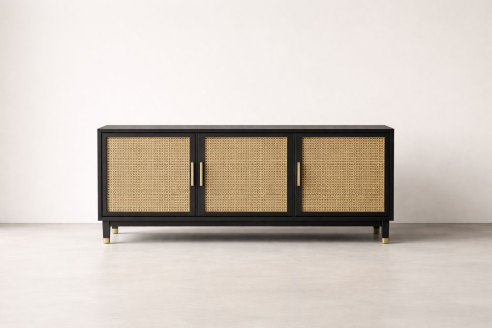 Black Wood Cane Media Console Cabinet 183cm