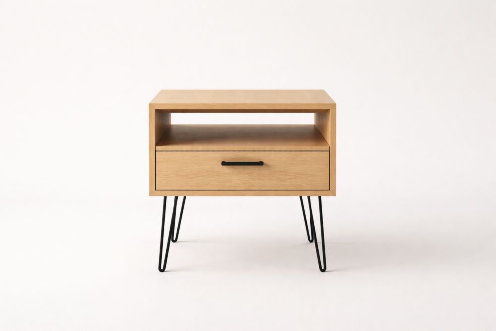 Wood Nightstand with Drawer and Open Shelf Natural Oak Black Metal Legs
