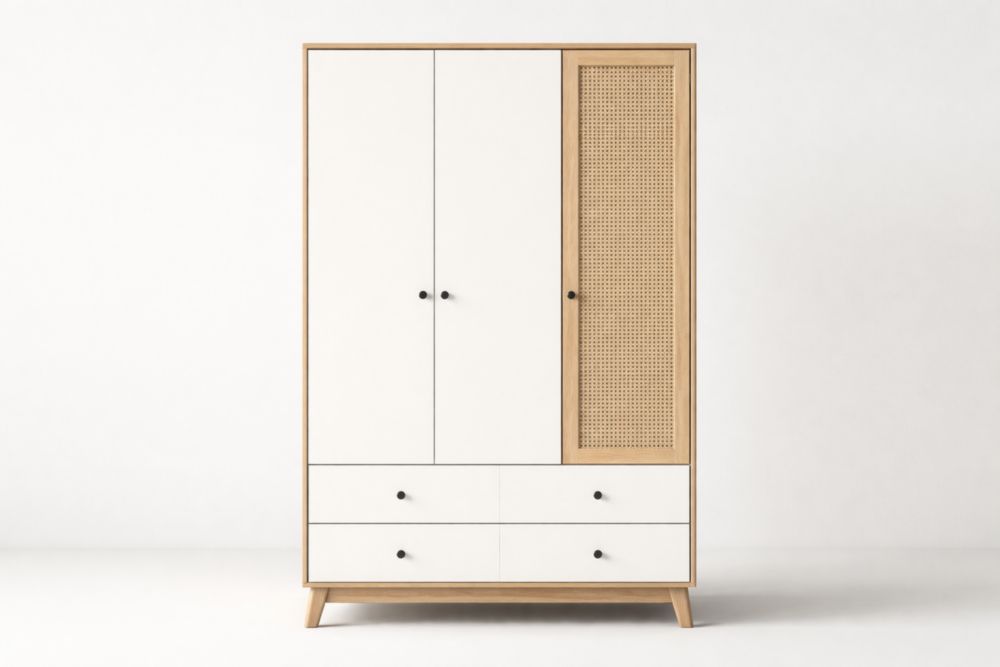 Wood and White Wardrobe with Rattan Door and Drawers