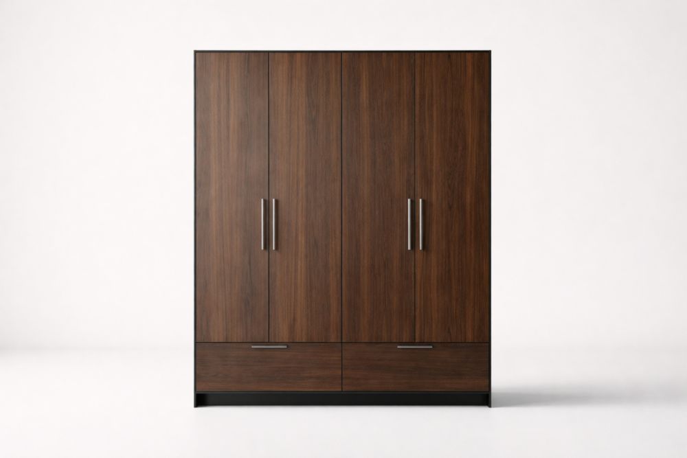 Walnut Finish 4-Door Wardrobe with Metal Handles and Drawers