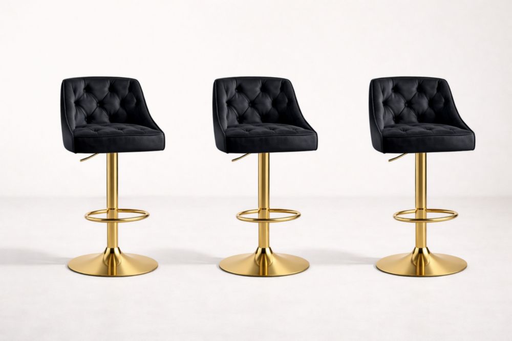 Black Velvet Adjustable Bar Stool Set with Gold Metal Base and Footrest
