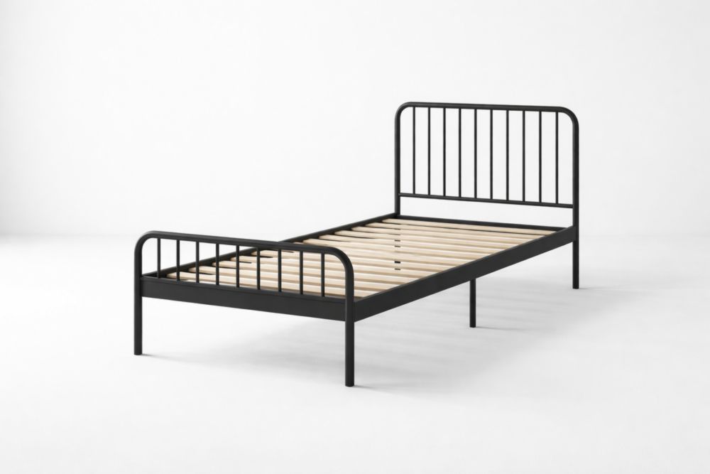 Single Metal Bed Frame Black Steel with Wooden Slats 200x100 cm