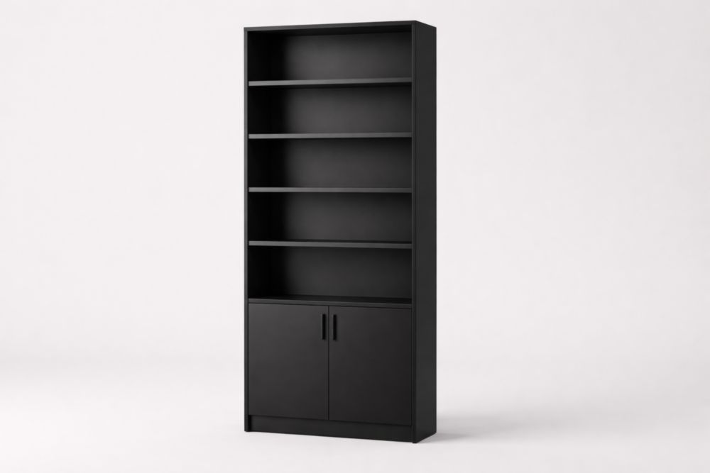 Black 5-Shelf Engineered Wood Bookcase with Cabinet 180cm x 80cm x 30cm