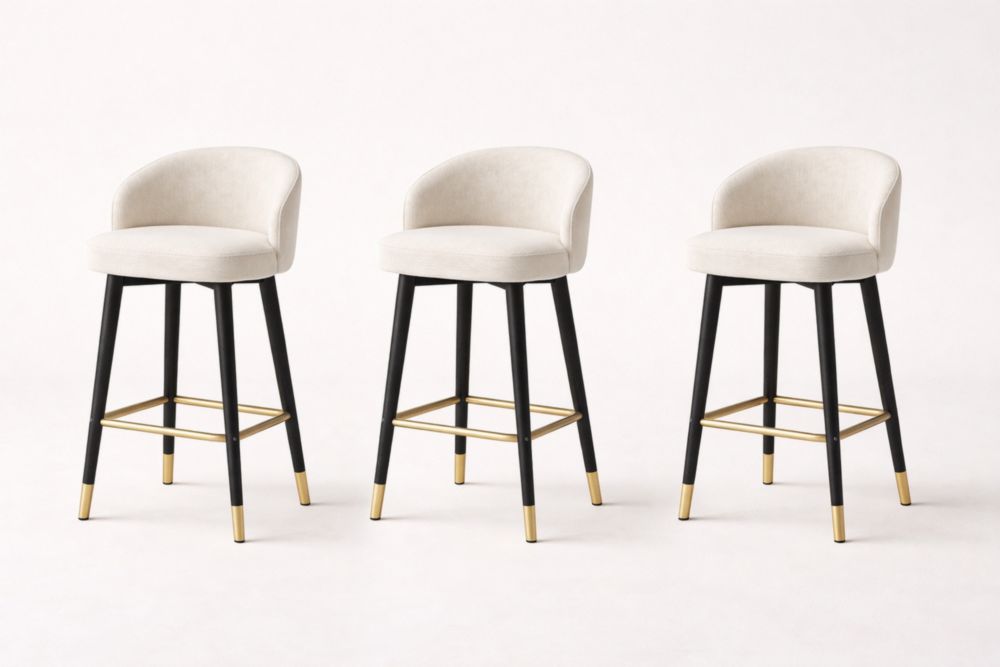 Set of 3 Beige Upholstered Bar Stools with Black Wood Legs and Gold Accents