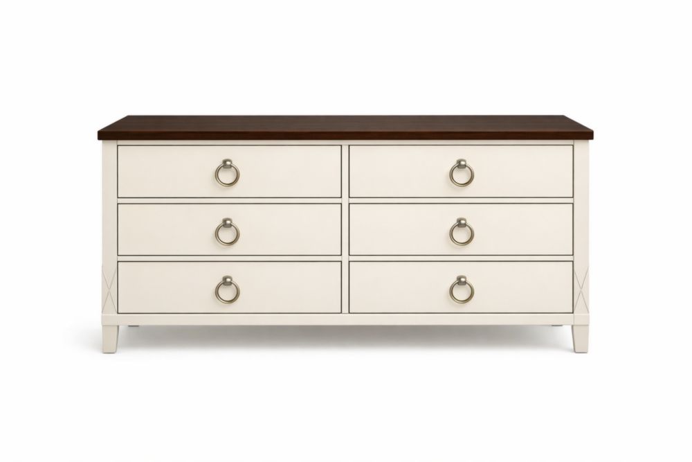 Wooden Six-Drawer Dresser White/Brown MDF/Metal Handles