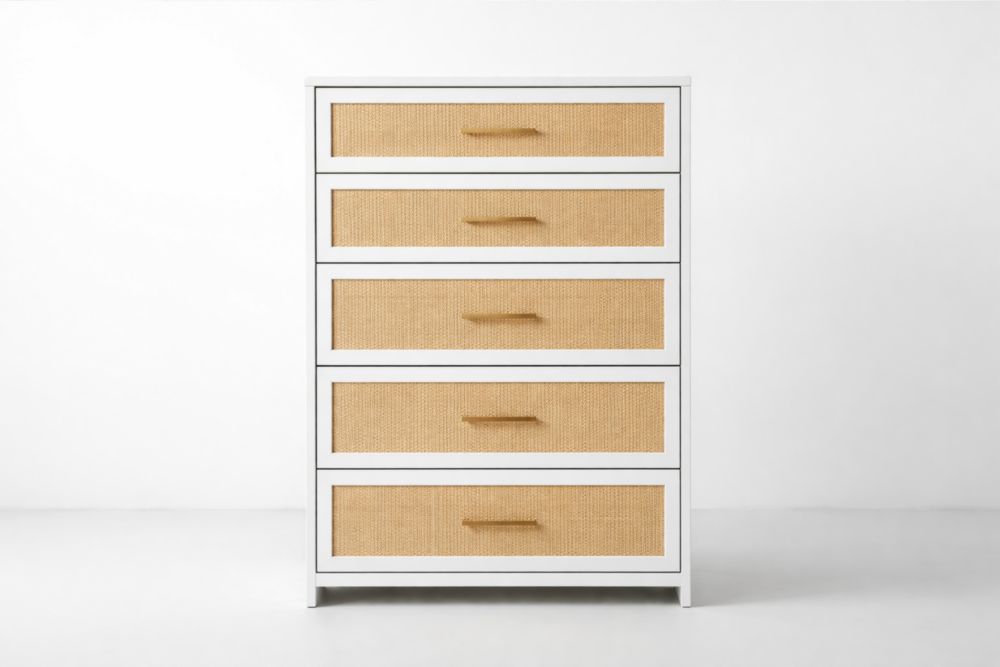 White Wood Dresser with Natural Jute Drawers - 5 Drawer Unit