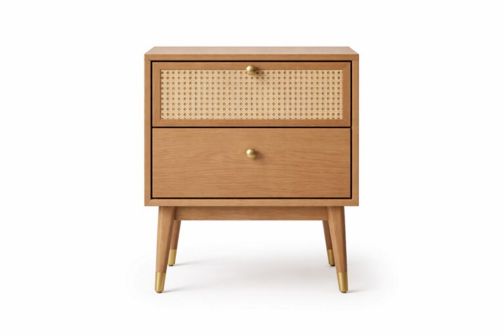 Wood Nightstand with Cane Drawer and Brass Accents