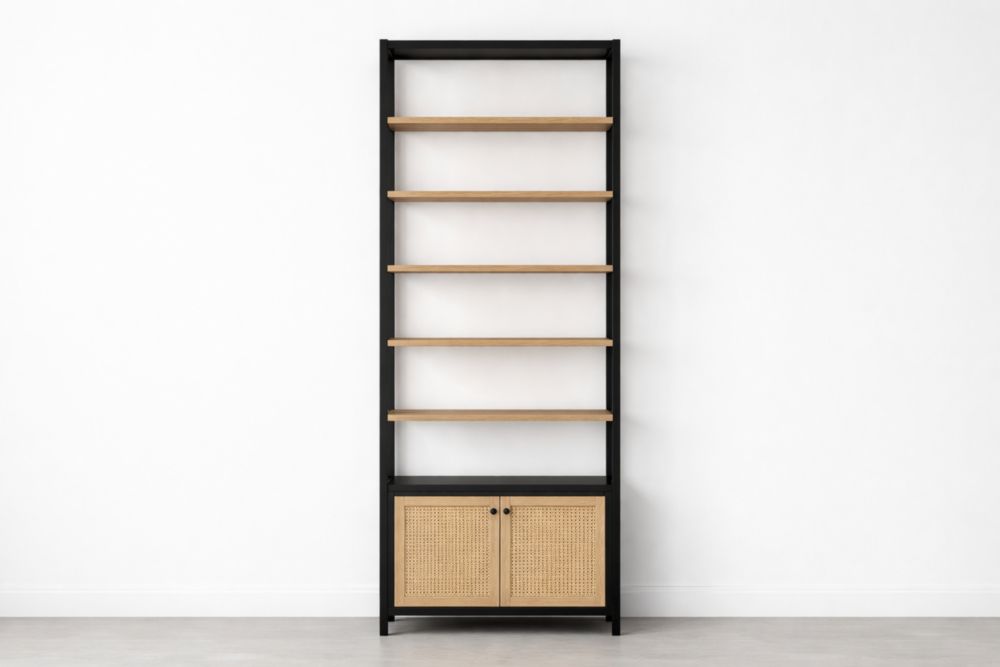 Tall Black Metal Frame Bookshelf with Natural Wood Shelves and Rattan Doors