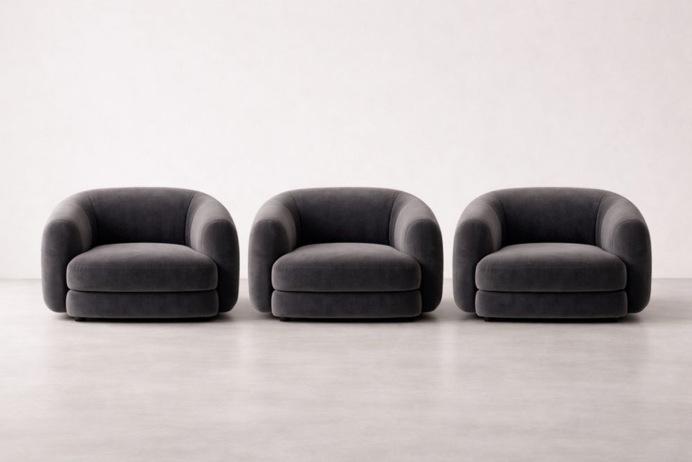 Set of 3 Gray Velvet Armchairs 36cm Seat Height