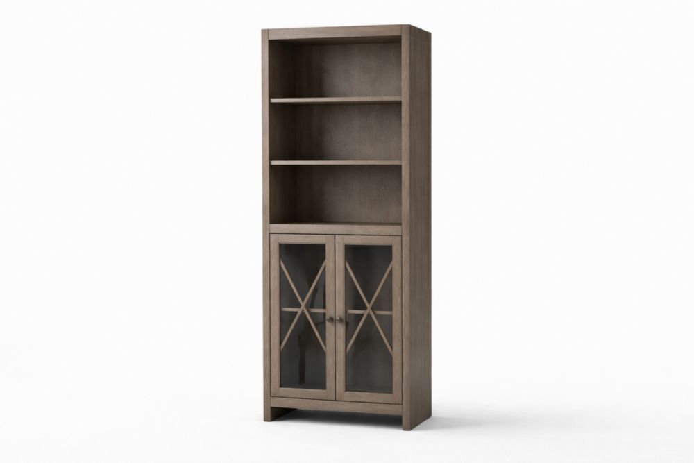 Tall Wood Bookcase with Glass Door Shelves
