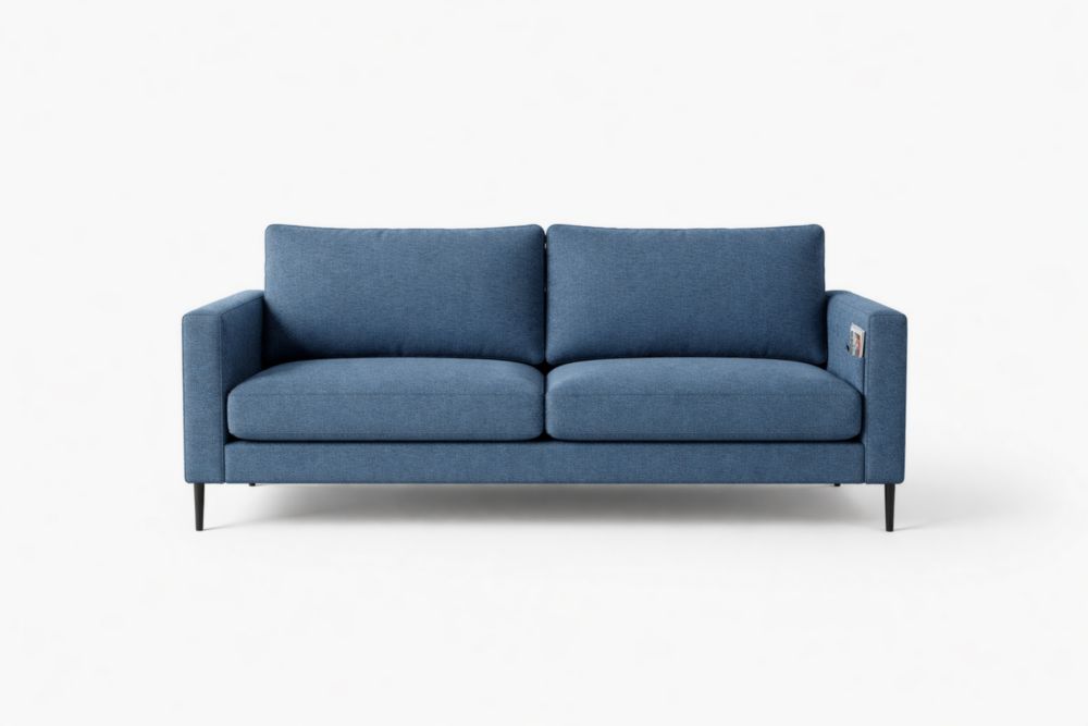 Blue polyester two seater sofa with metal legs 180 cm