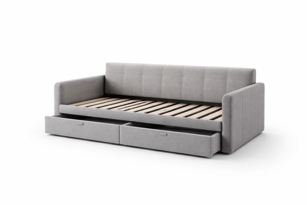 Light Grey Upholstered Daybed with Drawers and Wooden Slat Frame