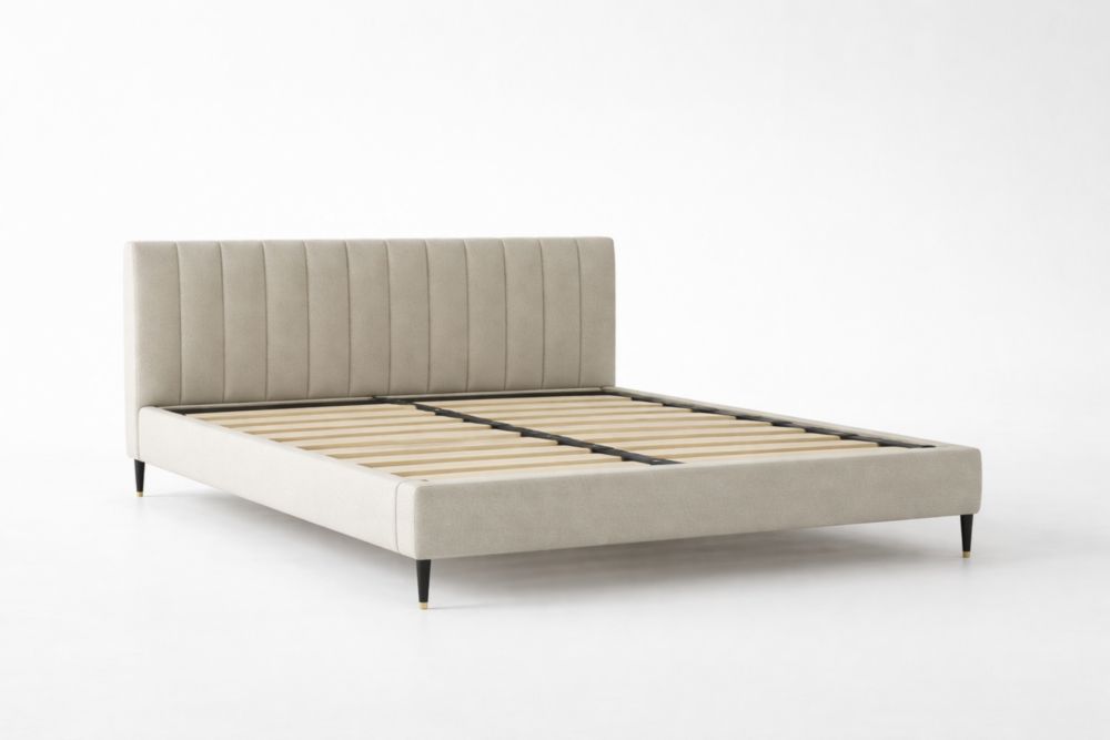 Upholstered Bed Frame with Channel-Tufted Headboard Beige Linen Blend King Size