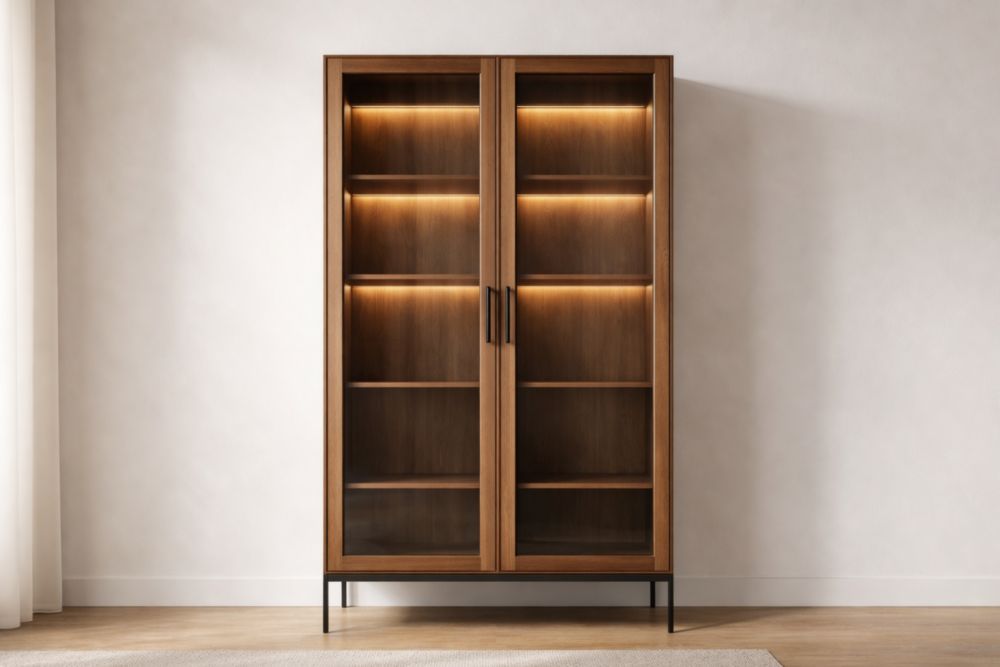 Wooden Display Cabinet with Glass Doors and LED Lights 6.5ft Height