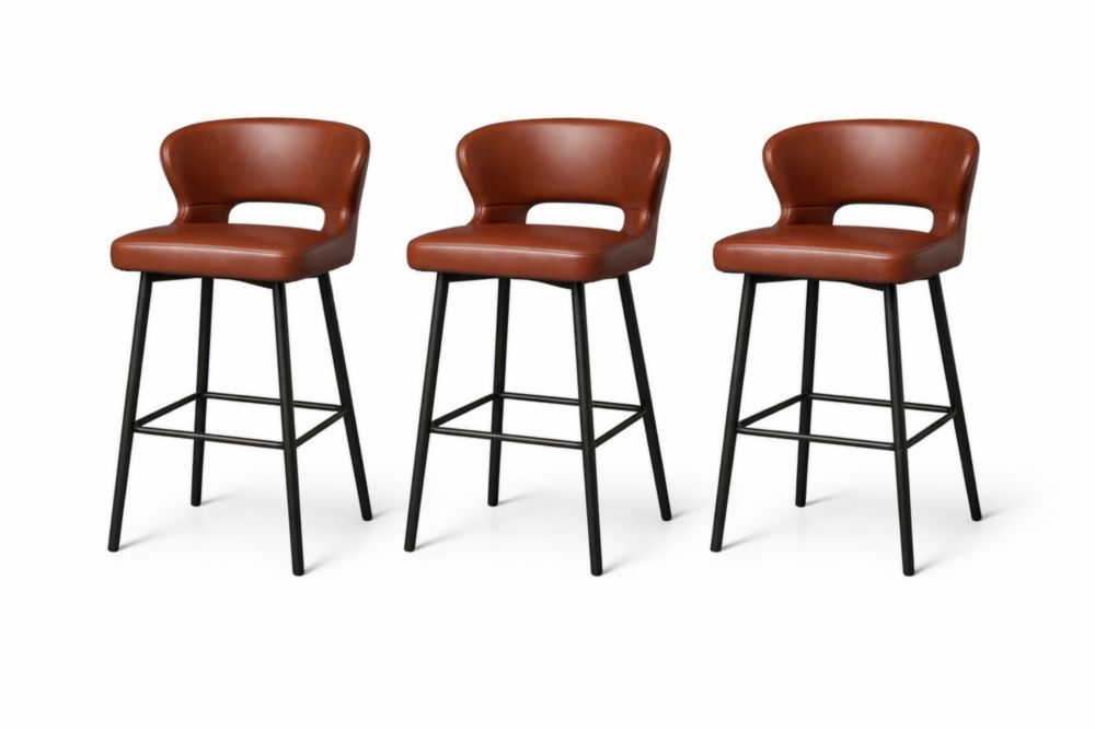 Set of 3 Brown Faux Leather Bar Stools with Black Metal Legs