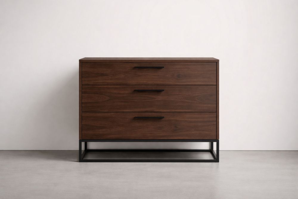 Brown Walnut Wood Dresser with Metal Base 3-Drawer
