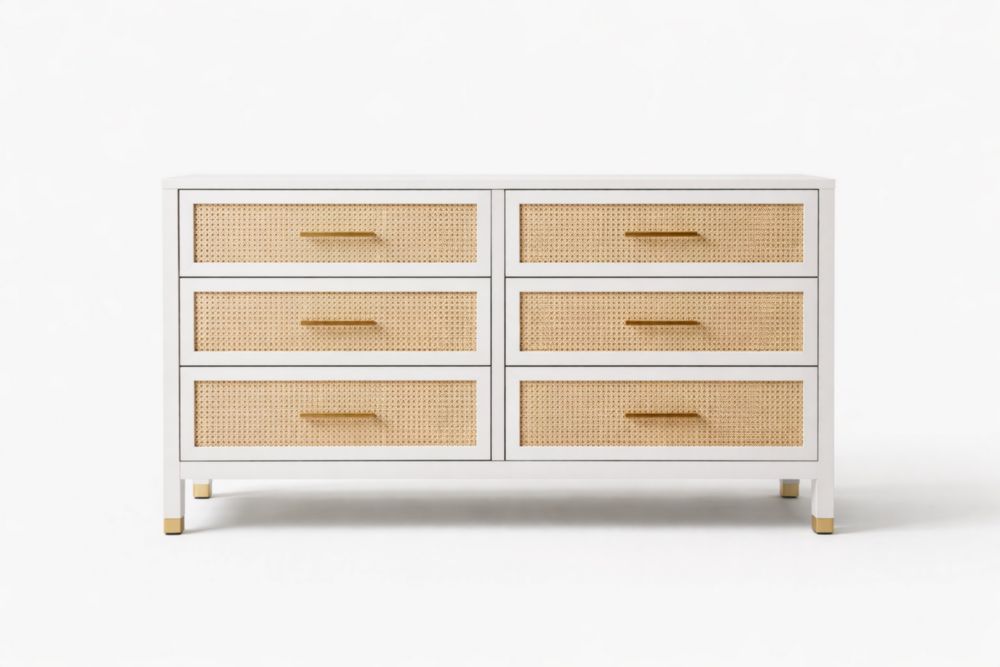 White Wooden Dresser with Rattan Drawer Fronts 6-Drawer