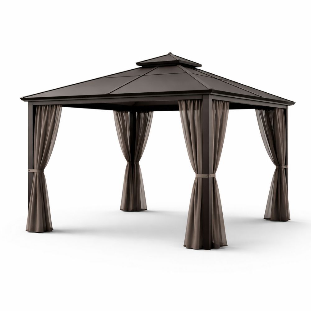 Outdoor Aluminum Gazebo with Polycarbonate Roof and Polyester Curtains 10ft x 12ft Brown-Decorivano