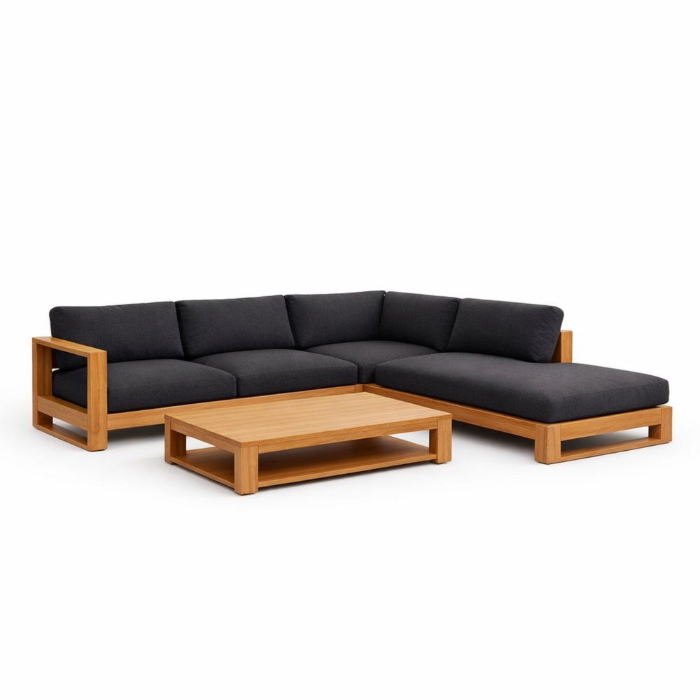 L-Shaped Sectional Sofa Set with Teak Frame and Black Cushions-Decorivano