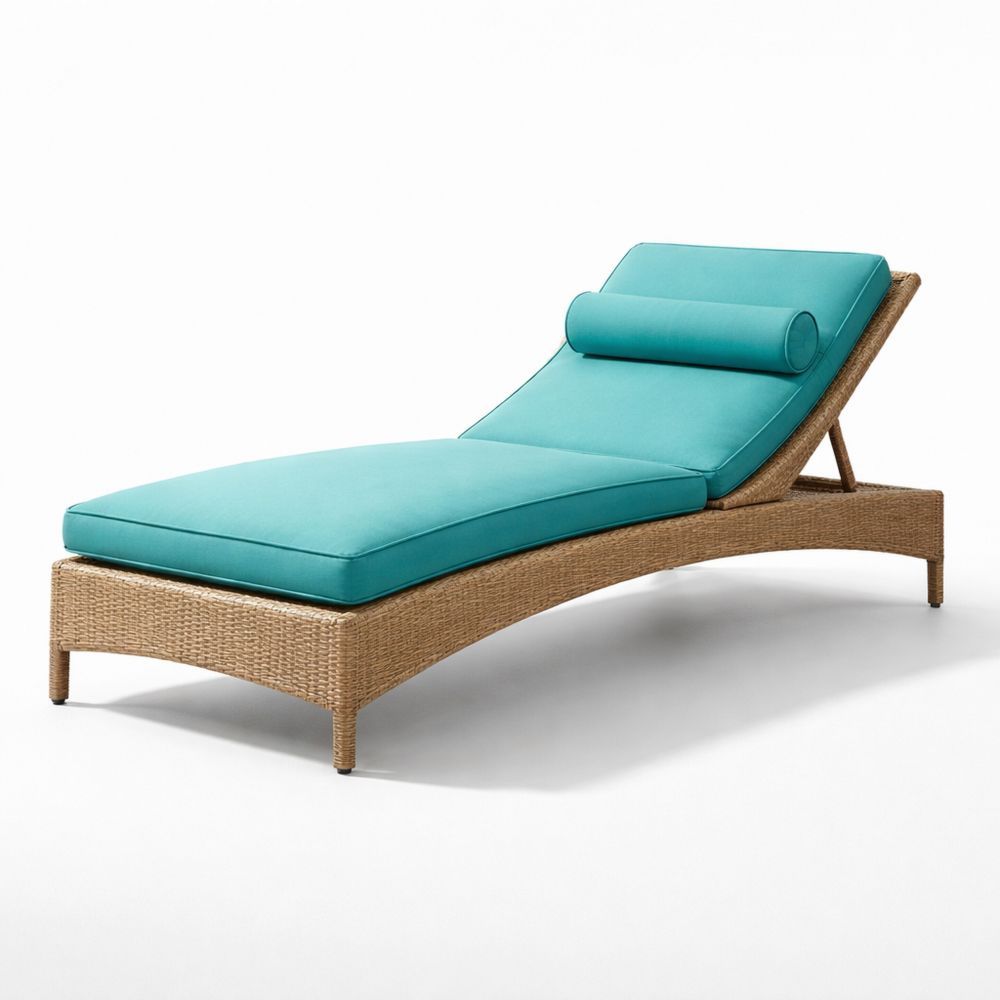 Outdoor Rattan Chaise Lounge with Turquoise Polyester Cushion-Decorivano