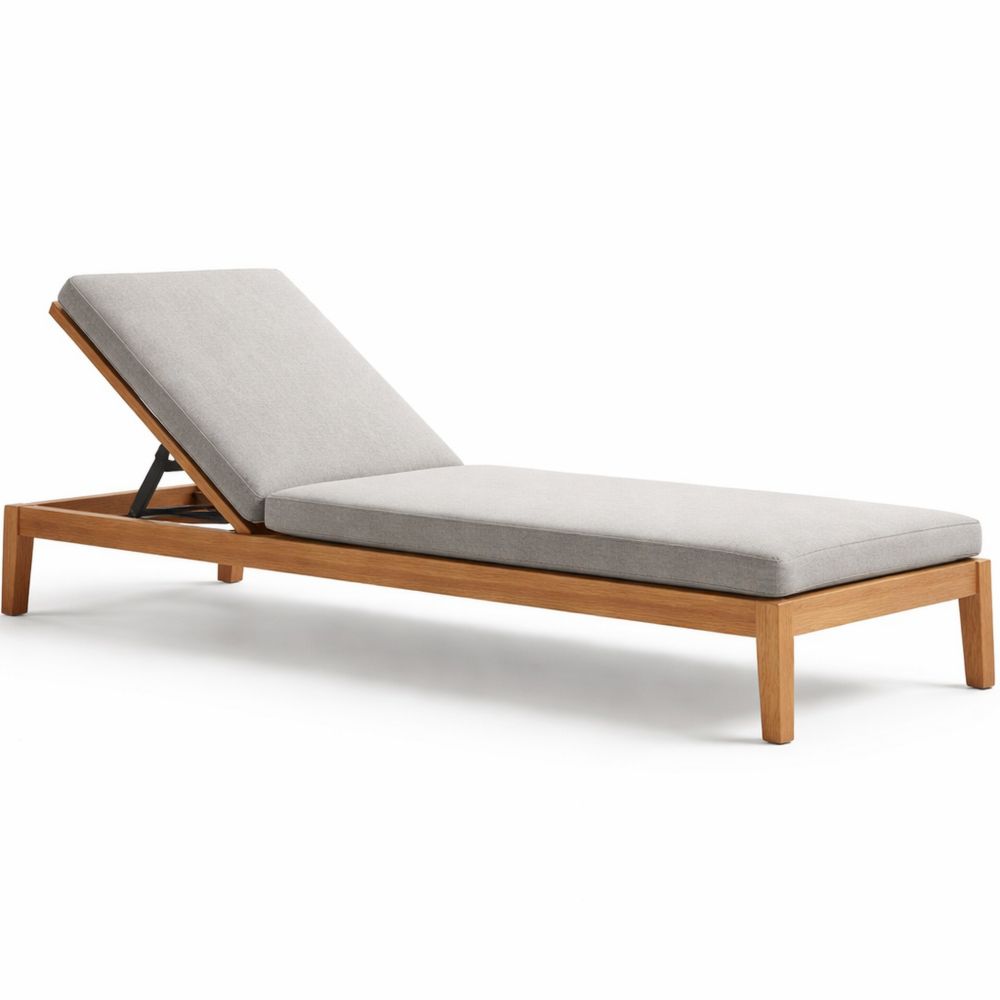 Teak Frame Adjustable Outdoor Chaise Lounge with Gray Cushion-Decorivano