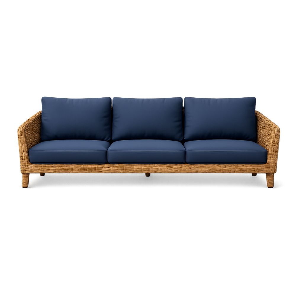 Rattan Wicker Sofa with Navy Blue Polyester Cushions 3-Seater 225 cm-Decorivano