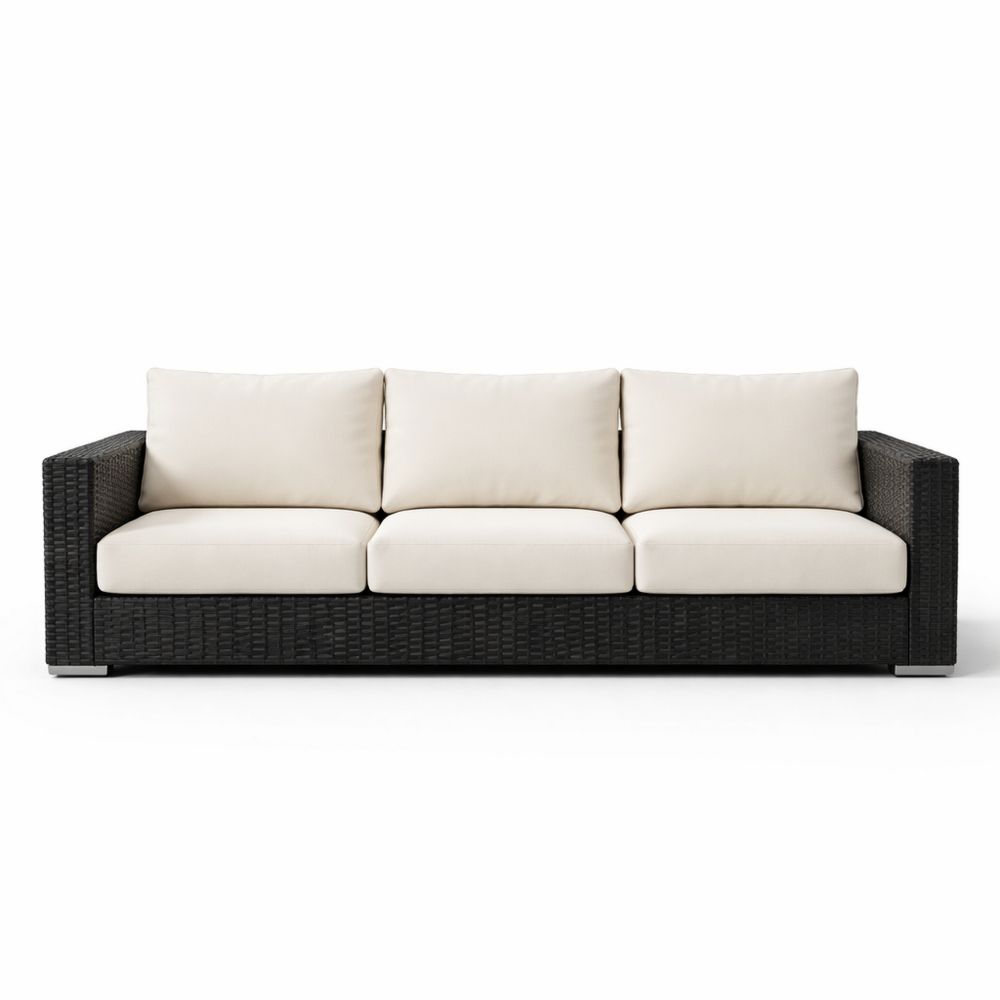 Outdoor Sofa Wicker Rattan with Cream Cushions-Decorivano