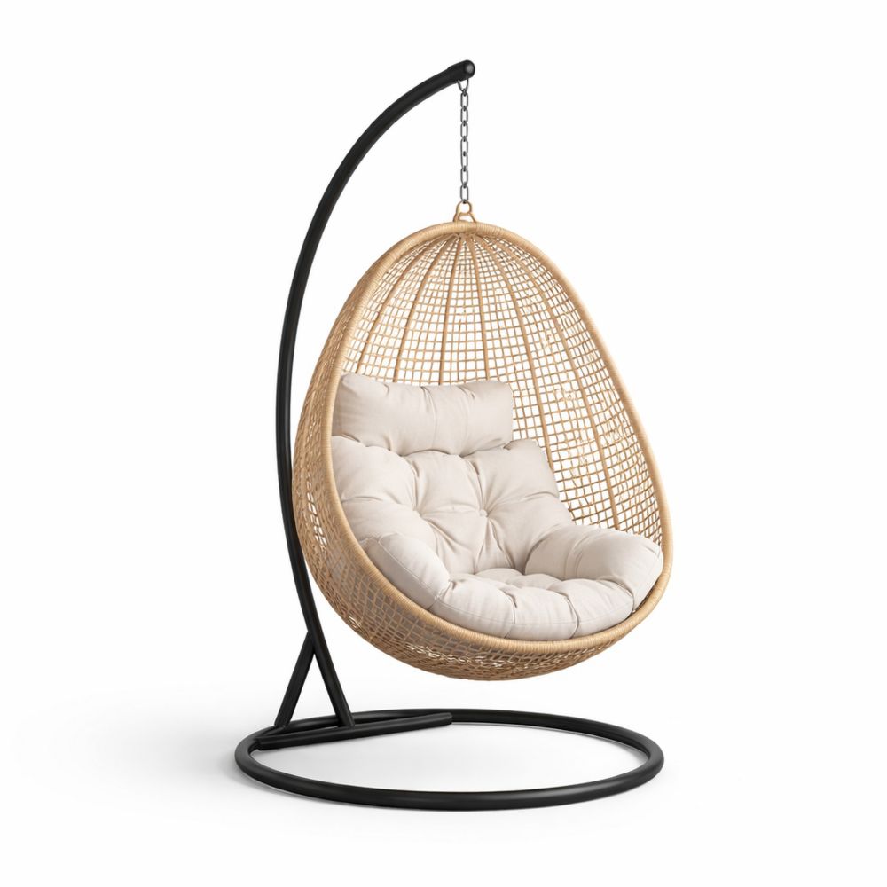 Rattan Hanging Egg Chair with Cushion and Powder-Coated Steel Frame-Decorivano