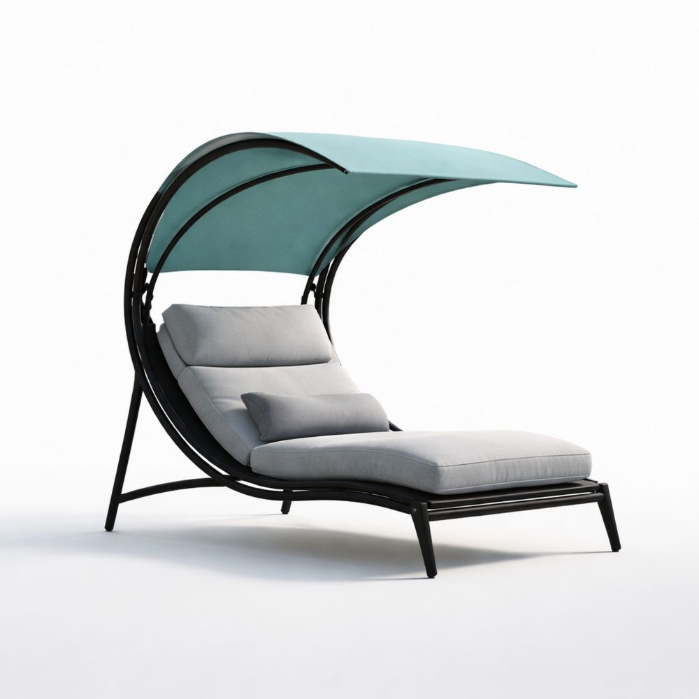 Outdoor Chaise Lounge with Canopy Black Frame Light Gray Cushions-Decorivano