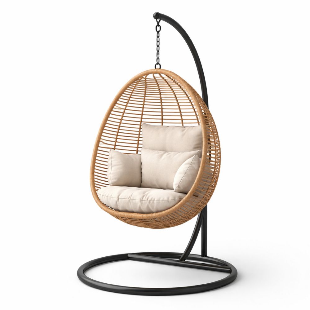 Hanging Egg Chair Rattan Wicker Beige Cushions with Steel Frame-Decorivano