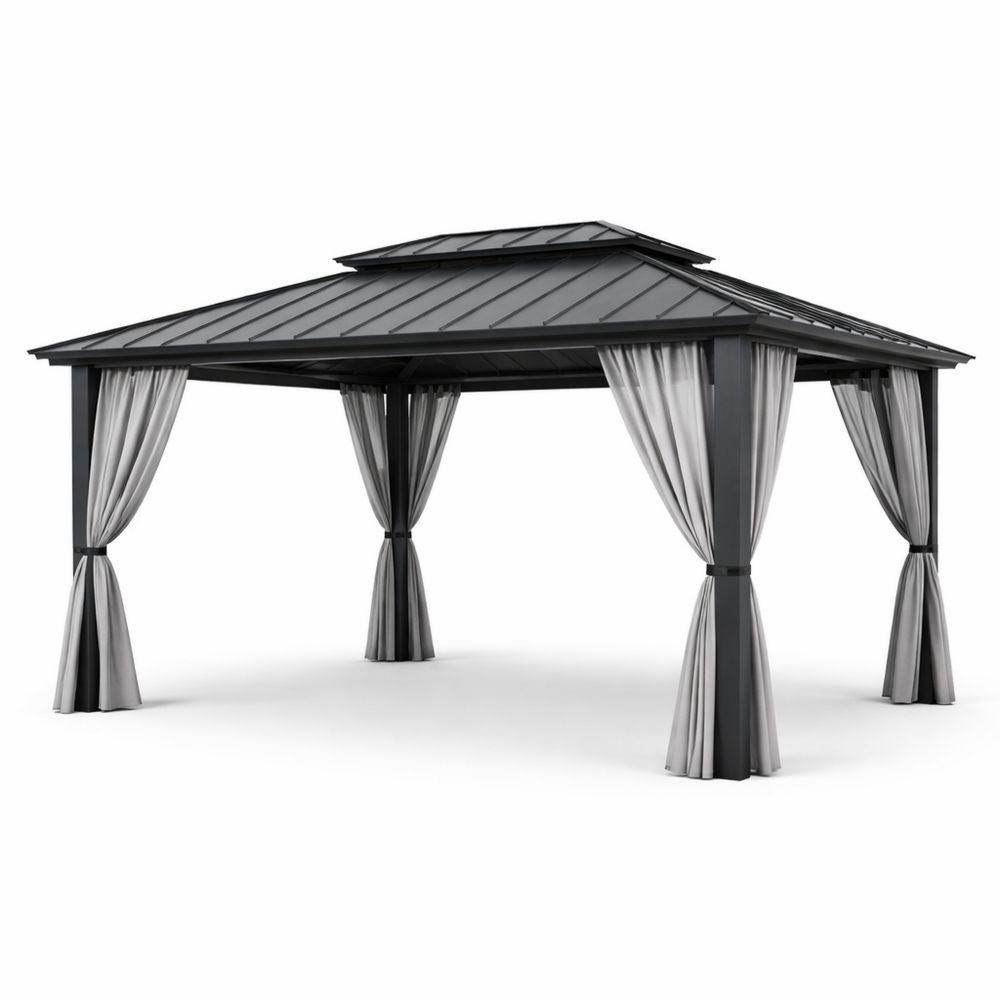 Aluminum Outdoor Gazebo with Steel Roof and Polyester Curtains 10 x 12 ft-Decorivano