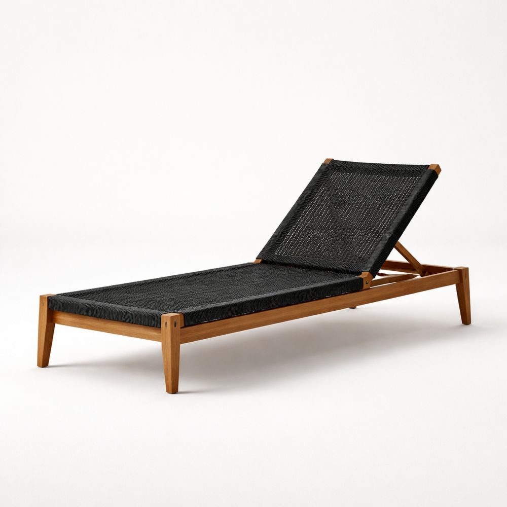 Teak Wood Outdoor Chaise Lounge with Black Rope Recliner-Decorivano