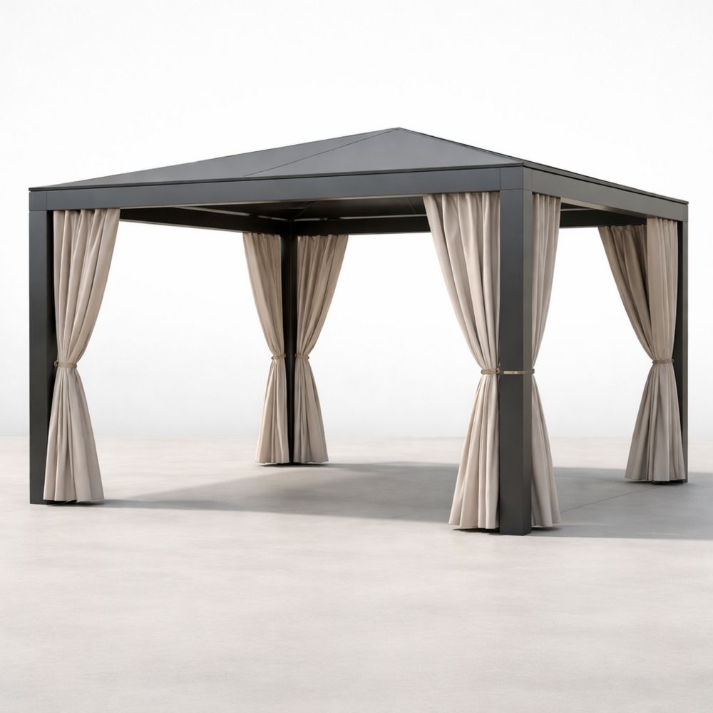 Outdoor Steel Frame Gazebo with Beige Polyester Curtains 3x3m-Decorivano