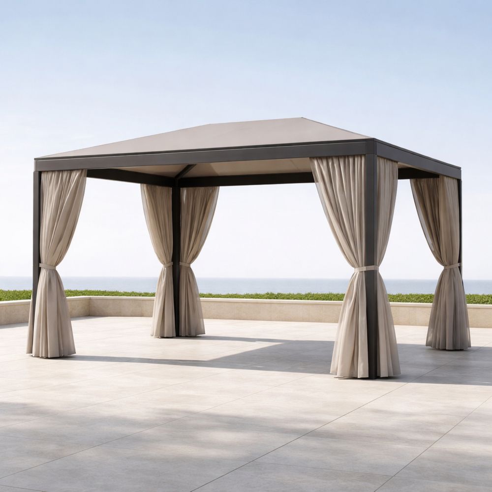 Outdoor Gazebo with Steel Frame, Polyester Canopy and Curtains-Decorivano