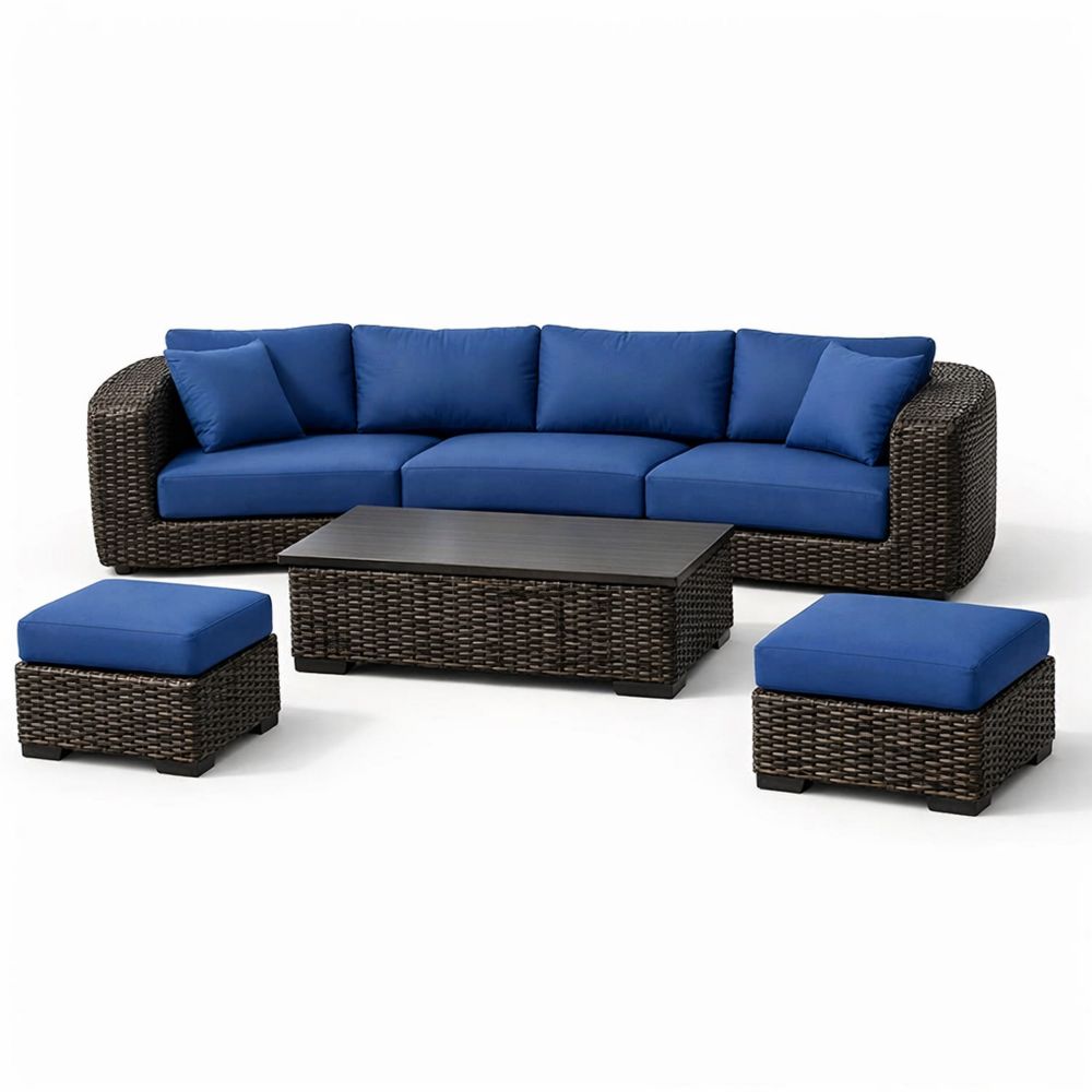 Wicker Sofa Set with Blue Cushions and Table-Decorivano