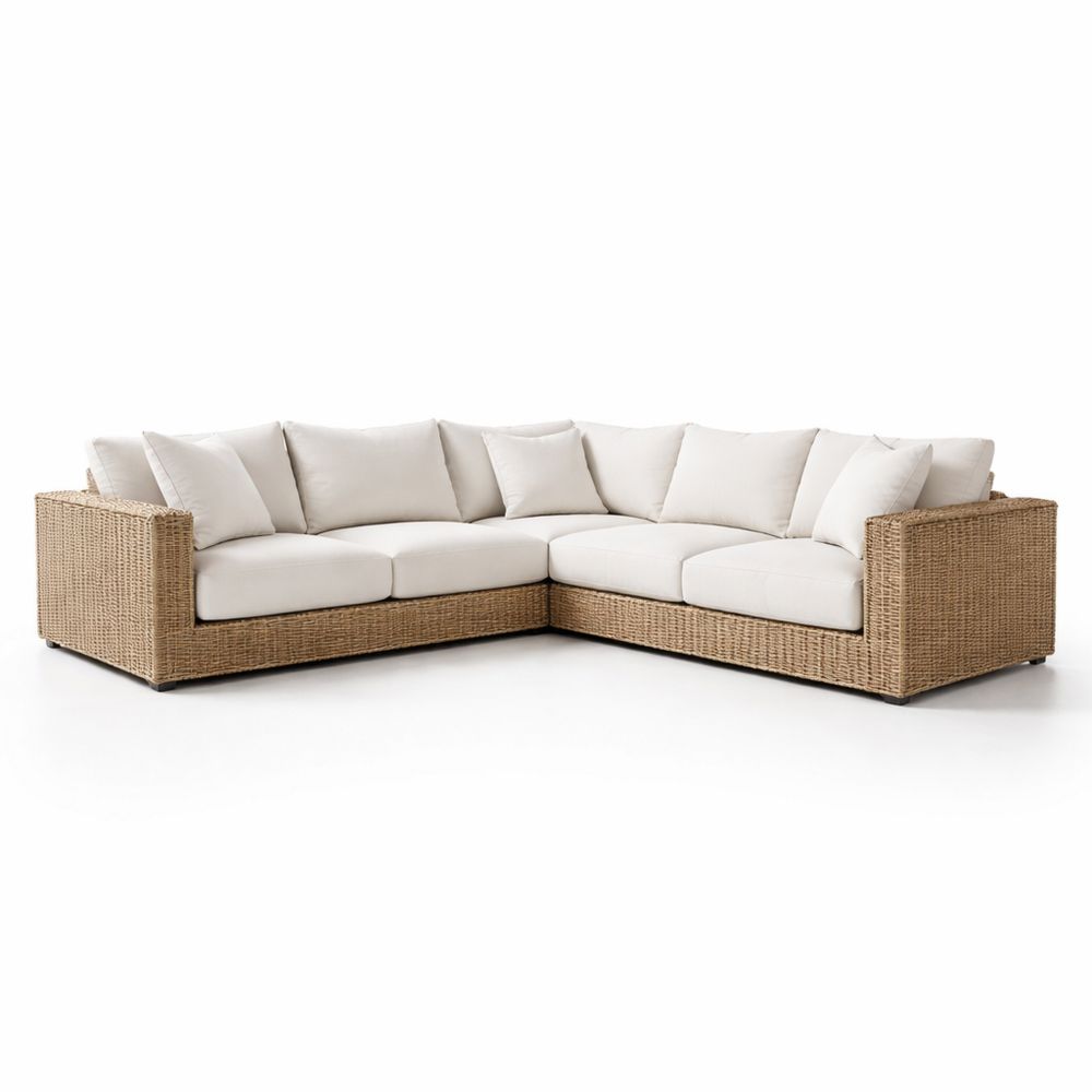 Wicker Sectional Sofa Set with Beige Cushions L-Shaped Design 250cm-Decorivano