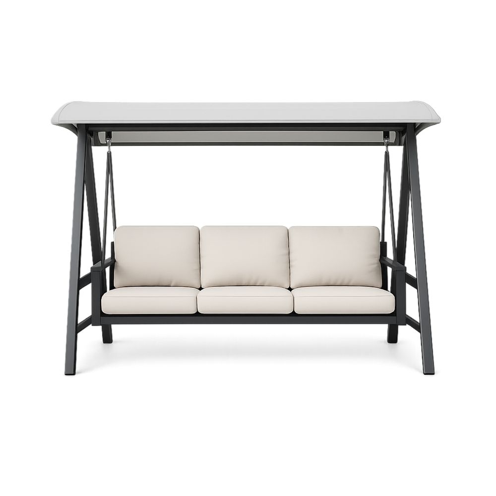 Outdoor Patio Swing Chair with Canopy 3-Seat Beige Cushions Steel Frame-Decorivano