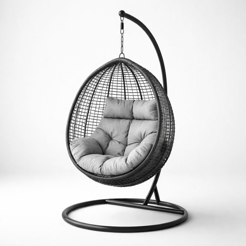 Black Wicker Hanging Egg Chair with Steel Frame and Grey Cushions-Decorivano